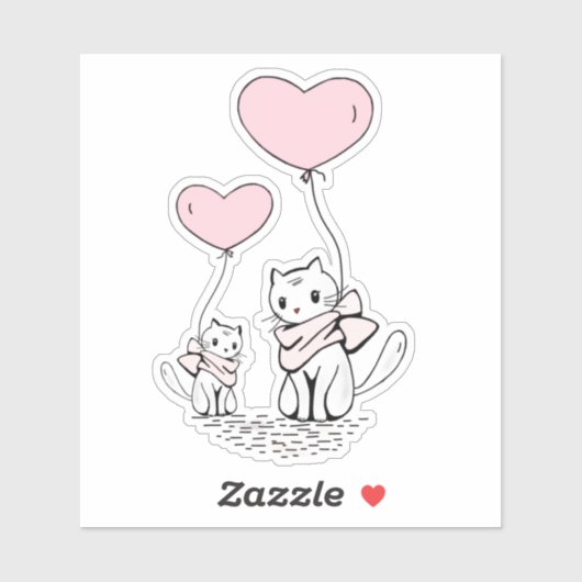 Cute Valentine's Cats Pink Heart Balloons Design Sticker (Vel)