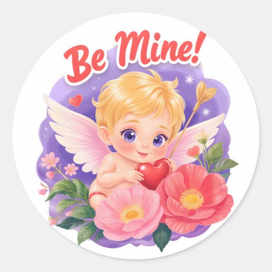 Cute Valentine's Day Cupid with "Be Mine" Ronde Sticker (Voorkant)