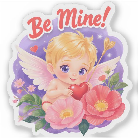 Cute Valentine's Day Cupid with "Be Mine" Sticker (Voorkant)