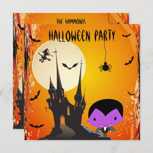Cute Vampire & Castle Halloween Party Invites Kaart (Voorkant / Achterkant)