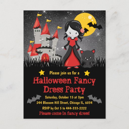 Cute Vampire Girl en Castle Halloween Invitation Briefkaart (Voorkant)
