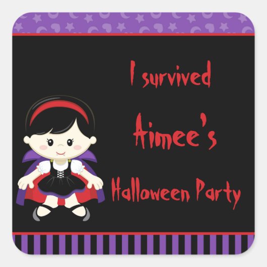 Cute Vampire Girl Halloween 'I Survived' Vierkante Sticker (Voorkant)