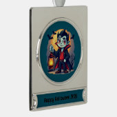 Cute Vampire with Lantern Kawaii Halloween Verzilverd Banner Ornament (Rechts)