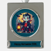Cute Vampire with Lantern Kawaii Halloween Verzilverd Banner Ornament (Voorkant)