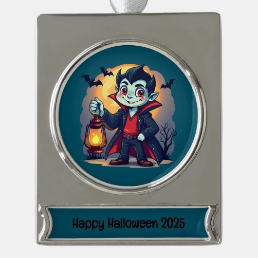 Cute Vampire with Lantern Kawaii Halloween Verzilverd Banner Ornament (Voorkant)