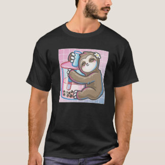 Cute Vaporwave Art Kawaii Hugging Sloth Boba Milk T-shirt