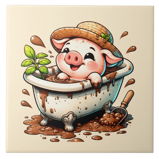 Cute varken in een modderbad badkamer tegeltje (Voorkant)