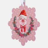 Cute Varken Met Strik Krans Stippen Roze Kerstmis Ornament Kaart (Links)