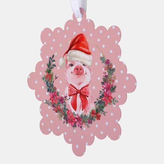 Cute Varken Met Strik Krans Stippen Roze Kerstmis Ornament Kaart (Links)