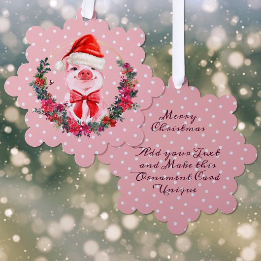 Cute Varken Met Strik Krans Stippen Roze Kerstmis Ornament Kaart
