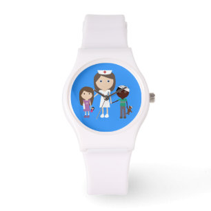 Cute Vector Cartoon Brown Hair Nurse and Children Horloge