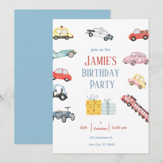 Cute Vehicle Theme Kids Party Invite Kaart