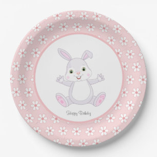 Cute Verjaardag Konijn & Bloemen op Licht Roze Papieren Bordje