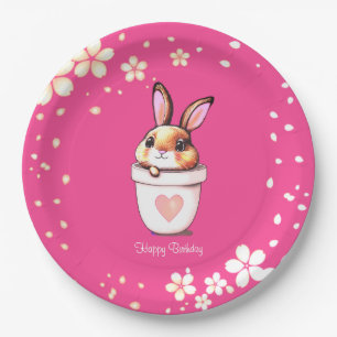 Cute Verjaardag Konijn Bloempot & Bloemen op Magen Papieren Bordje