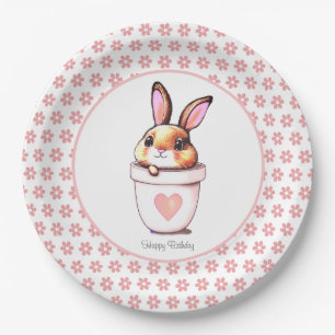 Cute Verjaardag Konijn Bloempot & Bloemen op Witte Papieren Bordje