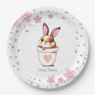 Cute Verjaardag Konijn Bloempot & Bloemen Papieren Bordje