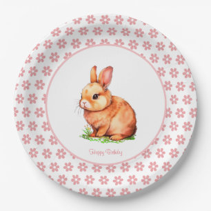 Cute Verjaardags Konijn & Bloemen op Wit Papieren Bordje