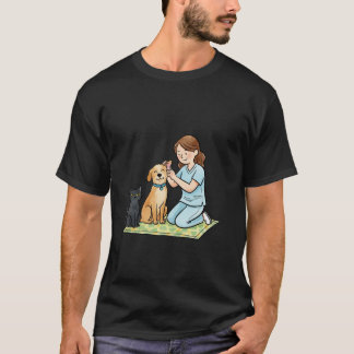 Cute Vet Nurse with Dog and Cat Illustration T-shirt