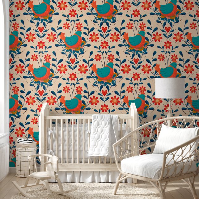 Cute Vibrant Angry Chicken Pattern Behang (Kinderen)