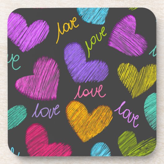 Cute Vibrant Gekrabbelde Harten met Liefde Lettert Drankjes Onderzetter (Voorkant)