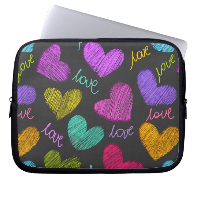 Cute Vibrant gekrabbelde harten met liefdeslettert Laptop Sleeve (Voorkant)
