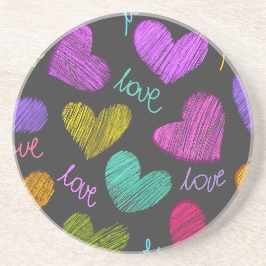 Cute Vibrant Gekrabbelde Harten met Liefdesschrift Zandsteen Onderzetter (Voorkant)