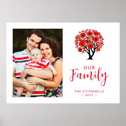 Cute Vibrant Red Floral Family Tree Photo Poster (Voorkant)