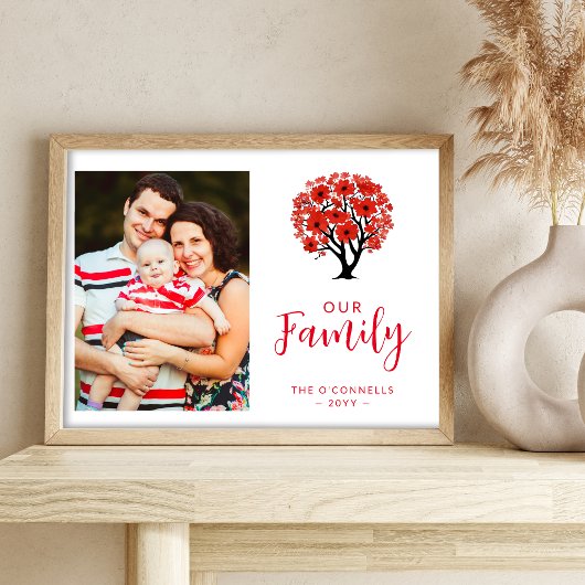Cute Vibrant Red Floral Family Tree Photo Poster