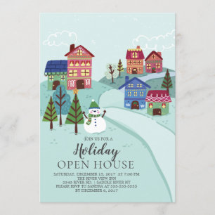 Cute Village Holiday Open House Invitation Kaart