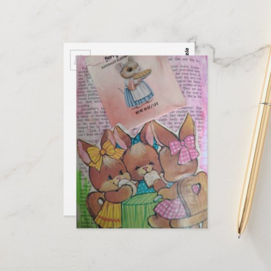 Cute Vintage Bunnies and Mouse Collage Briefkaart (Voorkant / Achterkant in situ)