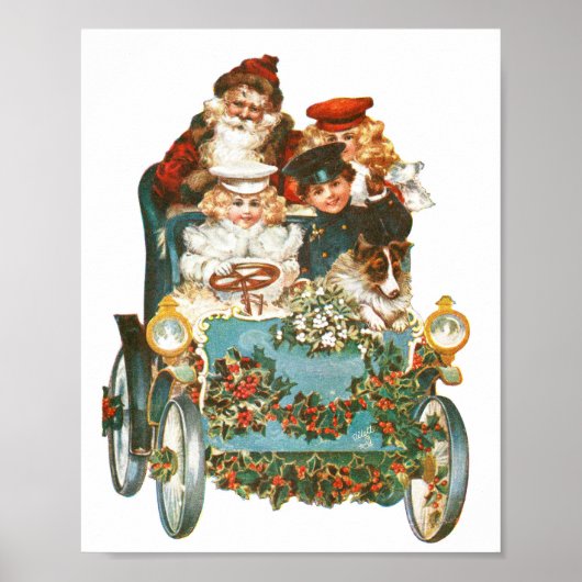 Cute Vintage Car | Santa Claus Christmas Poster (Voorkant)