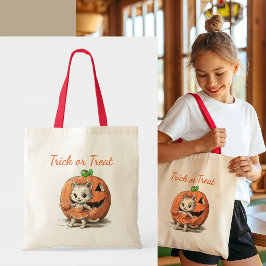 Cute Vintage Cat Halloween Custom Trick or Treat Tote Bag