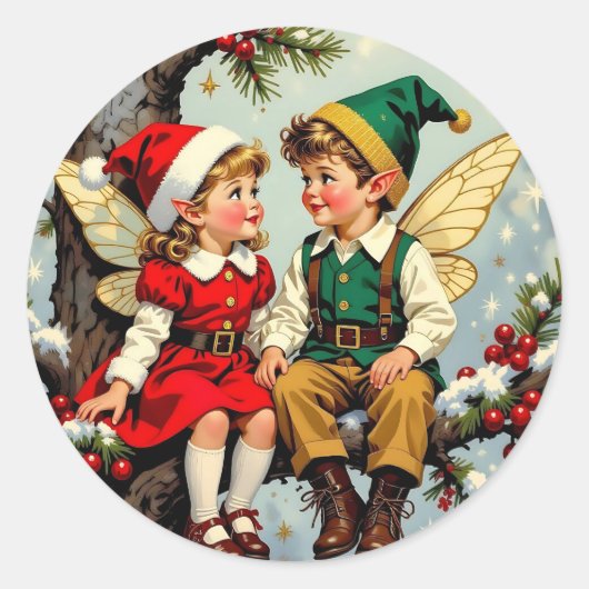 Cute Vintage Elven Fairy Children Christmas Ronde Sticker (Voorkant)