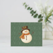 Cute, vintage green rustic snowman feestdagenkaart (Staand voorkant)