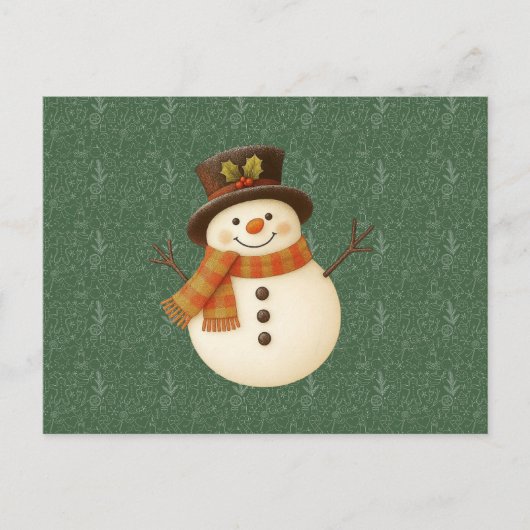 Cute, vintage green rustic snowman feestdagenkaart (Voorkant)