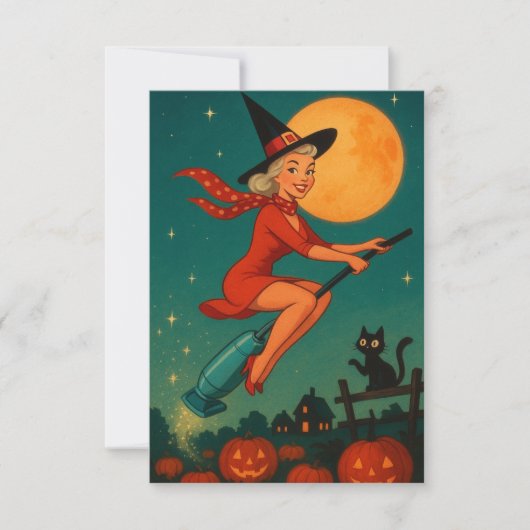 Cute Vintage Halloween Witch On Broom (Voorkant)
