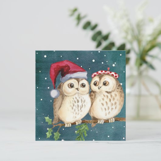 Cute Vintage Kerst Uilen Flat Feestdagenkaart (Staand voorkant)