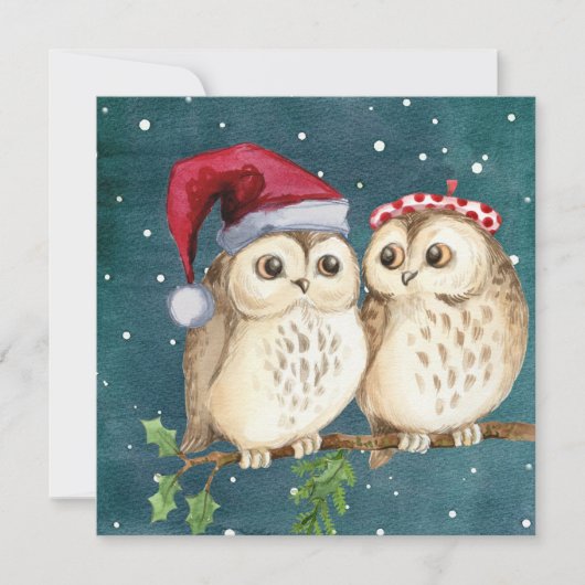 Cute Vintage Kerst Uilen Flat Feestdagenkaart (Voorkant)