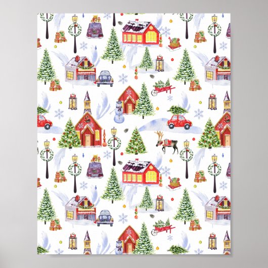 Cute Vintage-kerstdorp met kerstboom Poster (Voorkant)