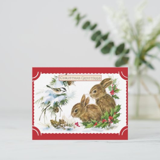 Cute Vintage-kerstgroetings Bunny Rabbit Briefkaart (Staand voorkant)