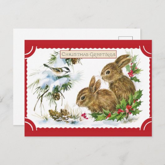 Cute Vintage-kerstgroetings Bunny Rabbit Briefkaart (Voorkant / Achterkant)
