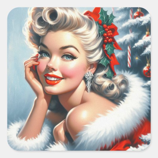 Cute Vintage-kerstmeisje Vierkante Sticker (Voorkant)