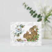 Cute Vintage Kerstmis Bunny en Holly Briefkaart (Staand voorkant)