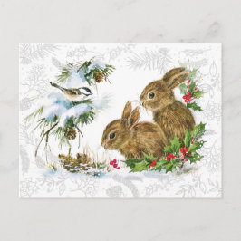 Cute Vintage Kerstmis Bunny en Holly Briefkaart