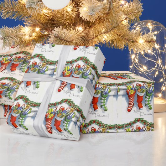 Cute Vintage Kerstmis, Stockings, Fireplace Cadeaupapier (Feestdagen)