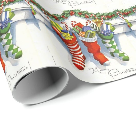 Cute Vintage Kerstmis, Stockings, Fireplace Cadeaupapier (Rol Hoek)