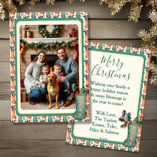 Cute Vintage Kerstmutsen en Familiefoto Feestdagenkaart