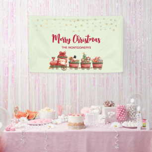 Cute Vintage Kersttrein met Speelgoed Kerstmis Spandoek
