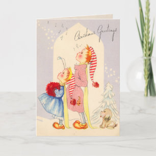 Cute Vintage Kids Singing Christmas Card Feestdagen Kaart