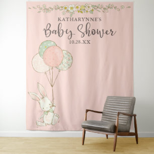 Cute Vintage Konijn Bloemen Baby Shower Achtergron Wandkleed